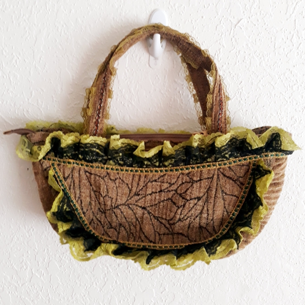 Embellished Whimsical Floral Tapestry Bag - Victorian Style Ruffle Hand Bag - Picture 15 of 16
